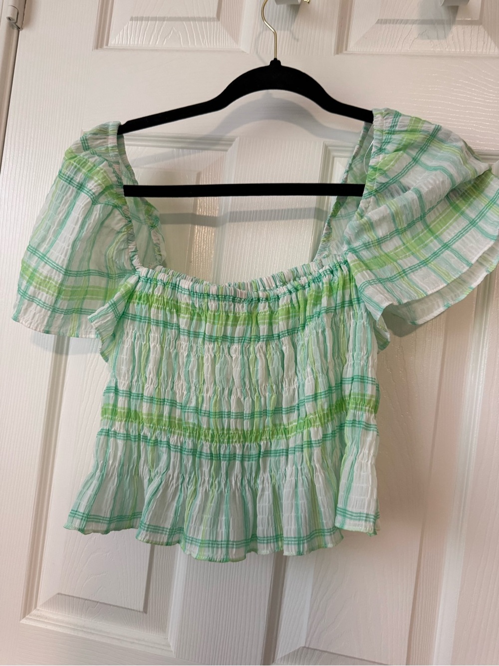 Zara White and Green Plaid Smocked Off-Shoulder Top